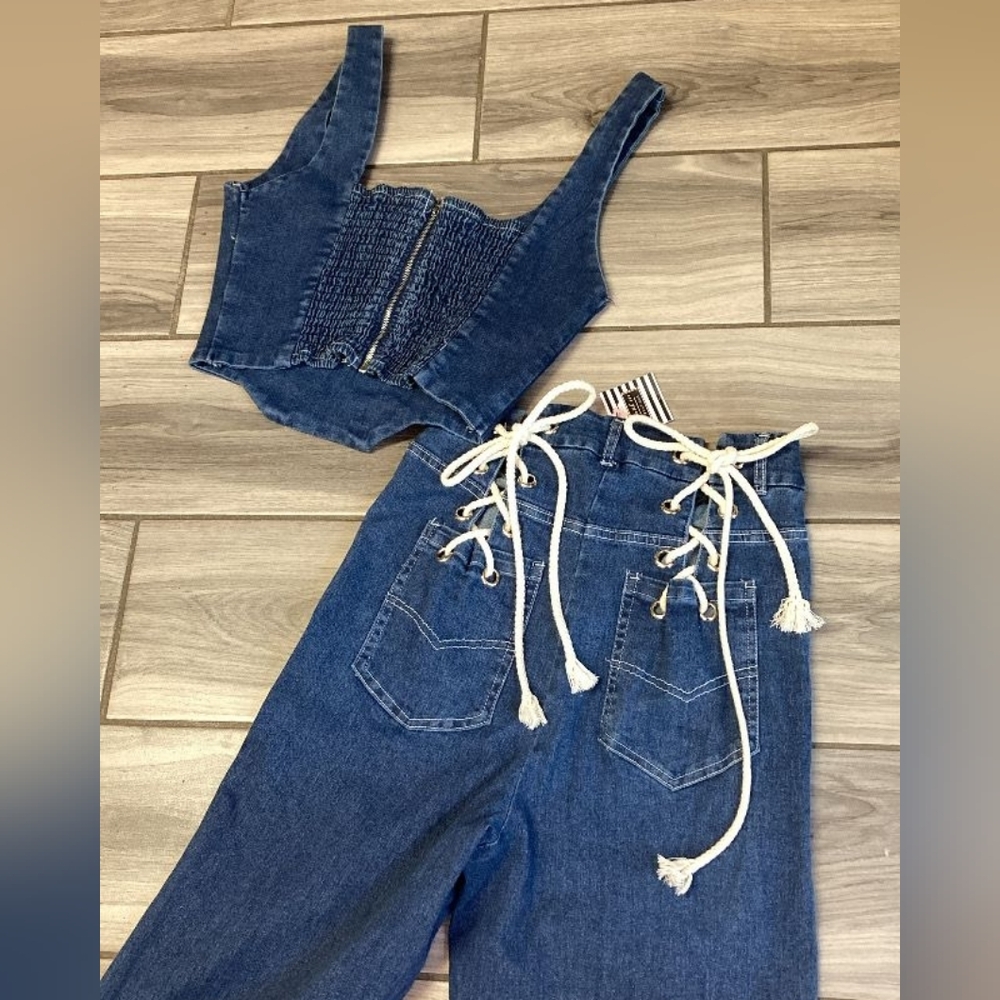 Dark Blue Denim Corset Top and Wide Leg Jeans Set - Picture 2 of 3